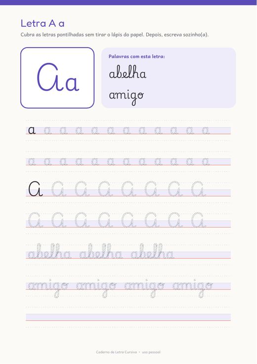 Letra A, com pauta de caligrafia